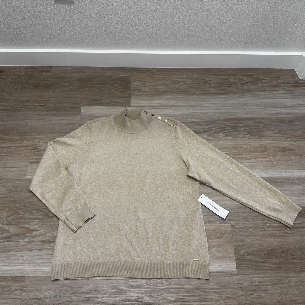Calvin Klein | NWT Mock Neck Gold and Lurex Sweater with Gold Buttons size XL - Picture 7 of 12